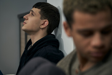 Staged photo illustrates problems and conflicts in gay couple relationships. Moment of showdown:...