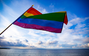 Man holding the Gay Rainbow Flag. Happiness, freedom and love concept for same sex couples. 