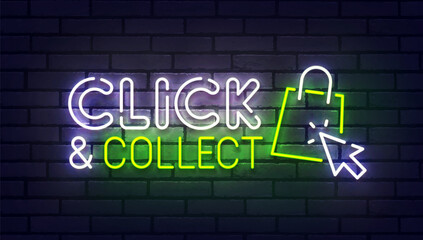 Click and collect neon sign, bright signboard, light banner. Click and collect logo neon, emblem. Vector illustration © Vladyslav
