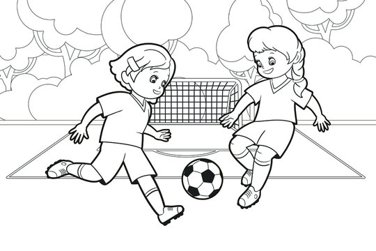 Coloring book girls football players playing football, stadium. Cute cartoon, kids kick a soccer ball. Cute soccer players.Vector illustration, black and white line art
