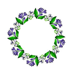 Round floral frame. Frame with purple lilac flowers and white jasmine flowers and green leaves painted with gouache. Template for cards for birthday, wedding, anniversary, mother's day, March 8.