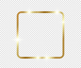 Gold shiny glowing frame with shadows isolated on transparent background. Golden luxury vintage realistic rectangle border. illustration - Vector
