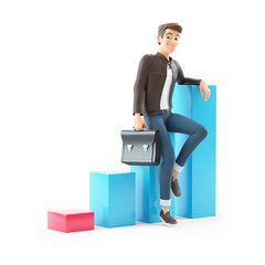 3d cartoon man sitting on bar graph