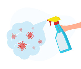 Anti-bacterial sanitizer spray bottle. Human hand spraying cleanser  and disinfecting room. Vector illustration