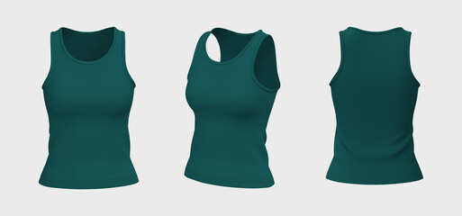 Blank sleeveless t-shirt mockup in front, side and back views, design presentation for print, 3d illustration, 3d rendering