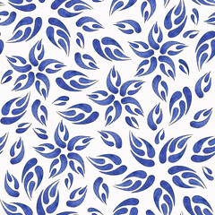 Seamless pattern of floral ornaments drawn in blue watercolor: leaves, flowers isolated on white background