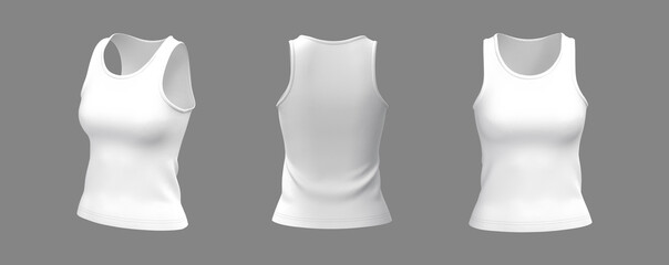 Blank sleeveless t-shirt mockup in front, side and back views, design presentation for print, 3d illustration, 3d rendering