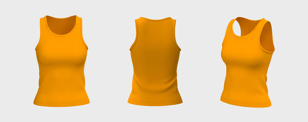 Blank sleeveless t-shirt mockup in front, side and back views, design presentation for print, 3d illustration, 3d rendering