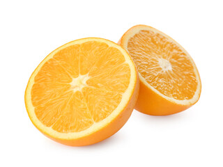 Halves of fresh ripe orange on white background
