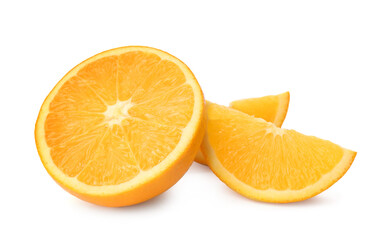 Cut fresh ripe orange on white background