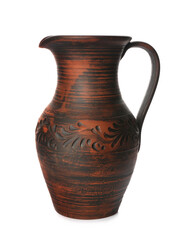 Stylish brown clay jug isolated on white