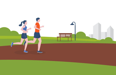 Vector flat cartoon illustration about a couple running or jogging in the park, man and women workout outdoor, wellness lifestyles concept.