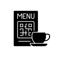 QR menu black glyph icon. Contactless menus feature QR codes that customers point and scan with their smartphone camera to get info. Silhouette symbol on white space. Vector isolated illustration