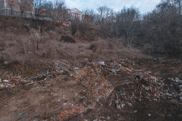 destruction of old buildings and structures. development for new housing. drone photo