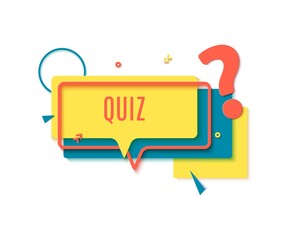 Quiz online label in paper cut style. Layout banner with yellow rectangular speech bubble red frame and question mark. Layered papercut sticker with geometric shapes for ad flyer. Vector illustration.