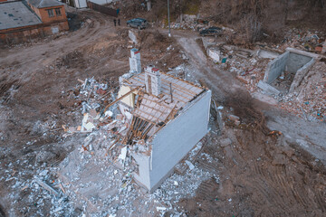 destruction of old buildings and structures. development for new housing. drone photo