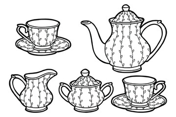 Hand drawing tea set. Teapot, milk jug, sugar bowl and cups and saucers. Black outline. Coloring page. 