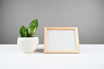 Wooden photo frame with white blank card and green plant in white pot on table. Mock up poster frame. Stylish template