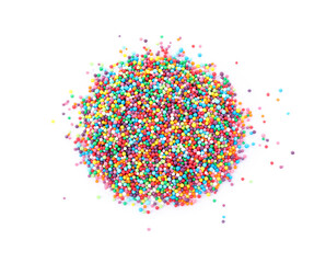 Colorful sprinkles on white background, top view. Confectionery decor