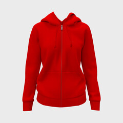 Blank hooded sweatshirt  mockup with zipper in front view, isolated on white  background, 3d rendering, 3d illustration