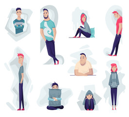 Group of depressed people. Sad man and woman in different poses seating, standing. Lonely teenagers. Symbol of sorrow, sadness and mental disorder. Unhappy and stressed students. Creative vector