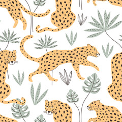 Seamless pattern with cheetah animals and decorative elements on a white background. Vector illustration for printing on fabric, postcard, poster, packaging paper, clothing. Cute baby background © Дмитрий Бондаренко