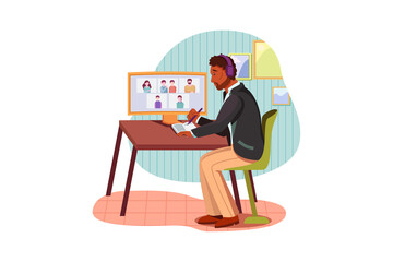 Focused african business man in headphones writing notes in notebook watching webinar video course