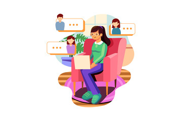 Asian girl student video conference e-learning with teacher and classmates on computer in living room at home.