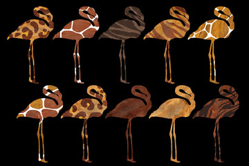 Flamingo silhouettes with animal skin print. Clip art set isolated