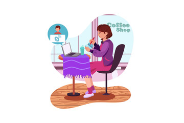 Smiling girl student wear wireless headphone study online with skype teacher, happy young woman learn language listen lecture watch webinar write notes look at laptop sit in cafe