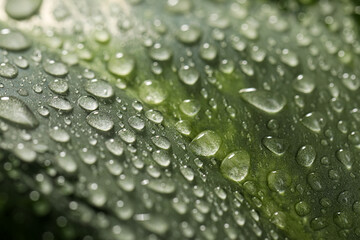 Closeup view of beautiful green leaf with dew drops as background