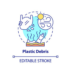 Plastic debris concept icon. Environmental responsibility idea thin line illustration. Nature contamination with toxic pollutants. Vector isolated outline RGB color drawing. Editable stroke
