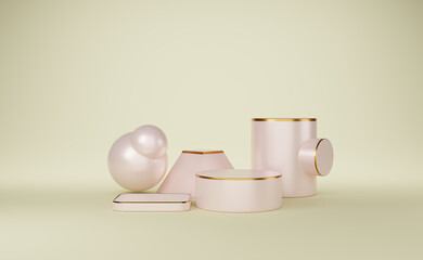 Rose color podium empty with geometric shapes in beige composition for modern stage display ,abstract showcase background ,Concept 3d illustration or 3d rendering