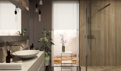 Modern bathroom interior with wooden decor in eco style