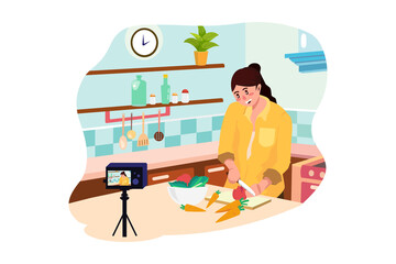 Young asian woman in kitchen recording video on camera. Vlog video live streaming at home.