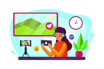 Obraz premium Young asian internet celebrity gamer girl introduce online mobile game to fans with smart phone and having live stream.