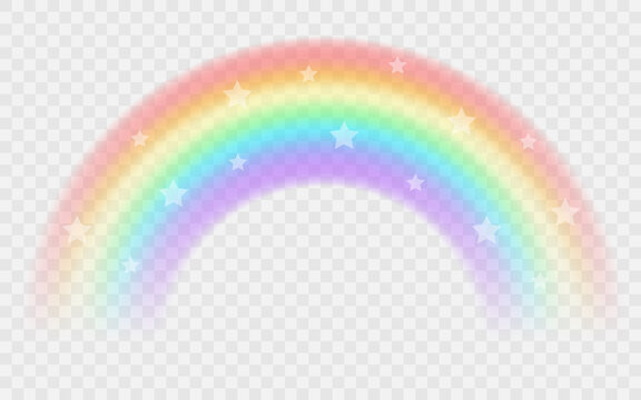 Transparent rainbow with stars. Vector illustration. Realistic raibow on transparent background.