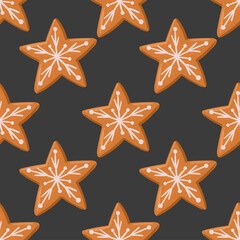Star shaped gingerbread cookie vector seamless pattern. Hand drawn Christmas dessert background