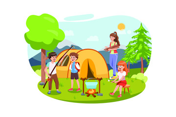 Summer landscape with kids. Children camp