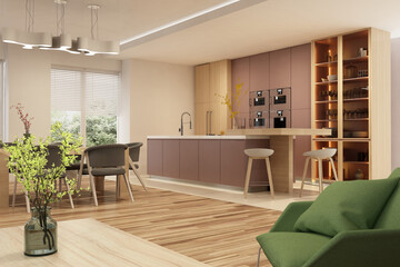 Modern interior of kitchen with living room