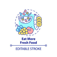 Eat more fresh food concept icon. Avoiding microplastics tips idea thin line illustration. Healthy lifestyle. Vegetables and fruits. Vector isolated outline RGB color drawing. Editable stroke