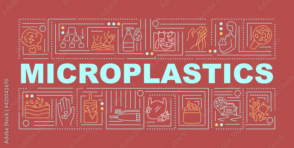Poster microplastics word concepts banner. infographics with linear icons on red background. climate change
