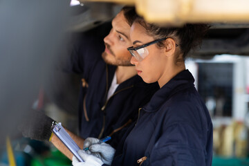 Hispanic Female trainee Mechanics Working Underneath Car Together Car maintenance and auto service garage. Car maintenance and auto service garage concept. - obrazy, fototapety, plakaty