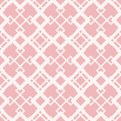 Diamond grid vector seamless pattern. Abstract geometric texture with diagonal lines, rhombuses, squares, mesh, lattice, grill. Simple pink and white background. Repeat design for decor, textile