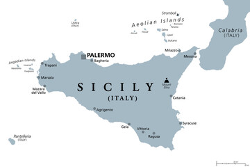 Sicily, autonomous region of Italy, gray political map, with capital Palermo, Aeolian and Aegadian Islands, volcano Etna and important cities. Largest island in Mediterranean Sea. Illustration. Vector