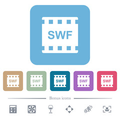 SWF movie format flat icons on color rounded square backgrounds