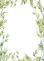 Frame template for card with watercolor green leaves