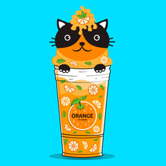 Drink, Juice Or Ice Cream With Orange Flavor. Decorative Drawing Of A Cat On A Cup For Children. Kawaii Style With A Cheerful Vibrant Cat.