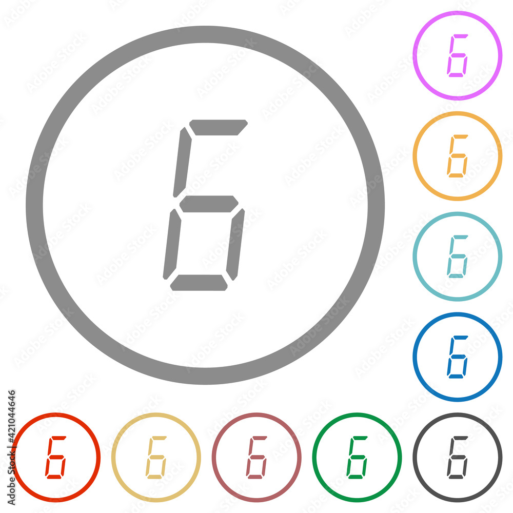 Aufkleber digital number six of seven segment type flat icons with outlines