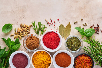 Colorful herbs and spices for cooking: turmeric, dill, paprika, cinnamon, saffron, basil and rosemary. Indian spices. On light brown stone background. Top view.